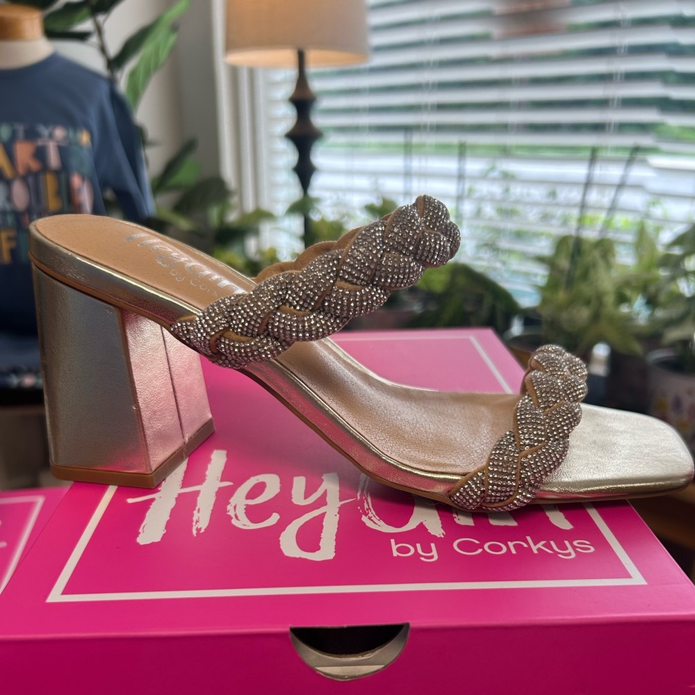 Corkys Gold Heeled Sandals with Glittery Strap